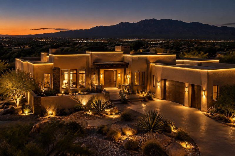 A New Mexico home lit at dusk beneath the mountains
